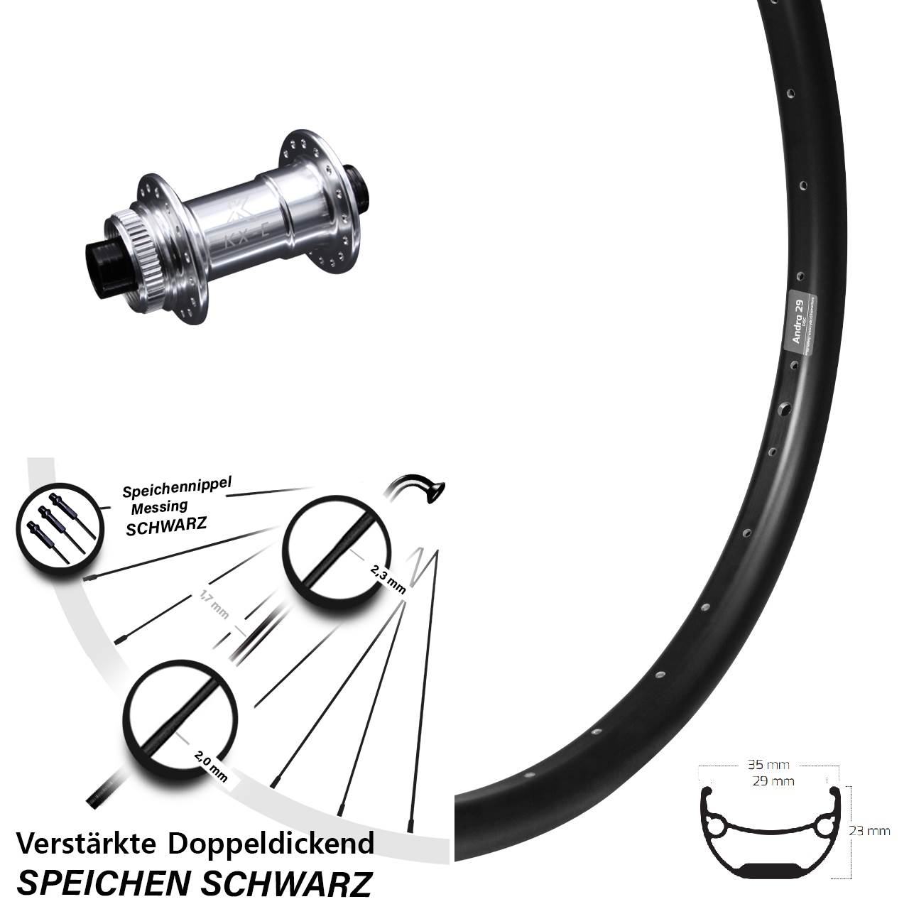 29 Zoll Vorderrad KX-E Nabe silbern-eloxiert Centerlock 15x100 mm Ryde Andra 29-622 ETRTO