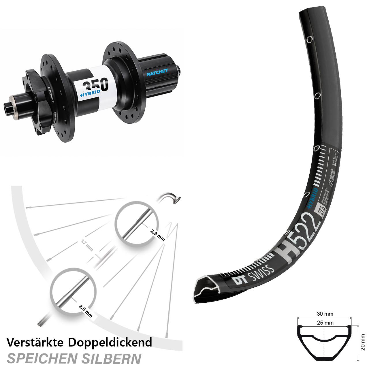 DT Swiss H522-350 Hybrid 29 Zoll Hinterrad 6-Loch QR Boost 8-11 fach HG
