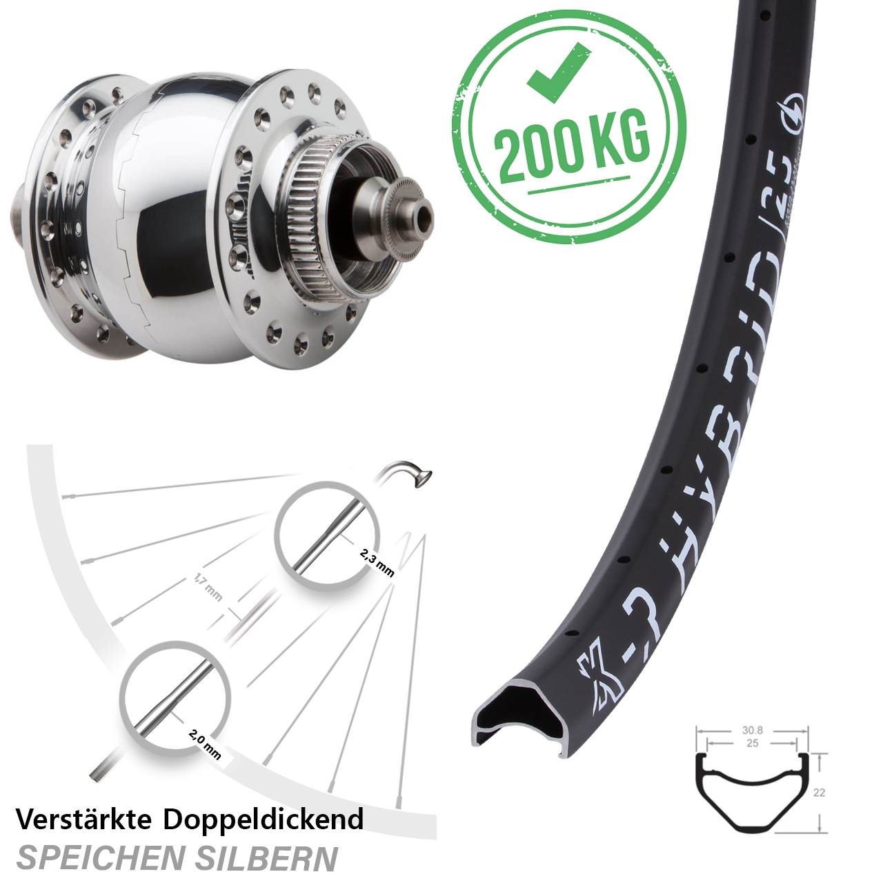 Nabendynamolaufrad SON delux silbern poliert KX-R Hybrid 25 Schnellspannerverstärkt