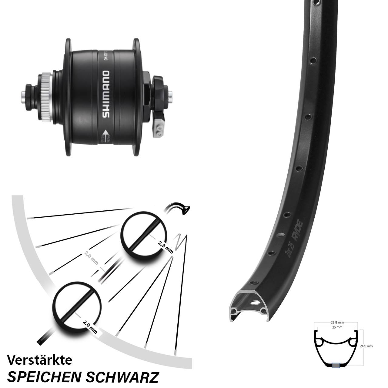 Disc Nabendynamo-Laufrad 28 Zoll Ryde ZAC 25 Shimano DH-3D37 QR