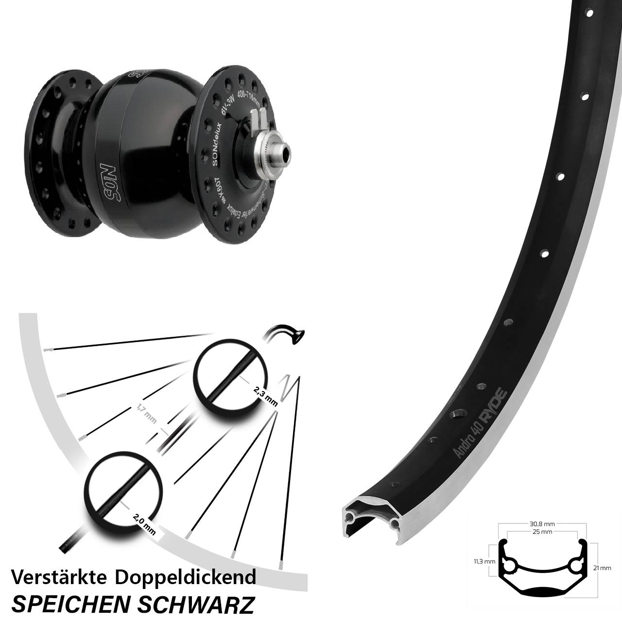Nabendynamolaufrad 28 Zoll Ryde Andra 40 SON delux wide body QR