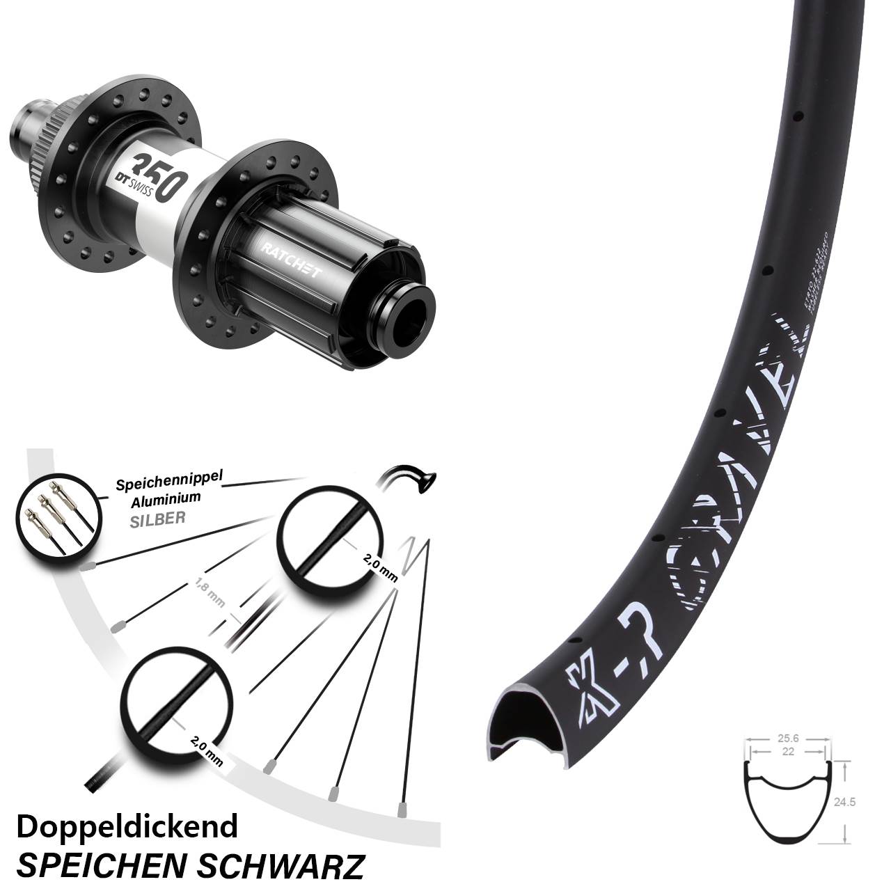 Hinterrad DT Swiss 350 Centerlock 12x142 mm Steckachse KX-R Gravel 22-622 ETRTO