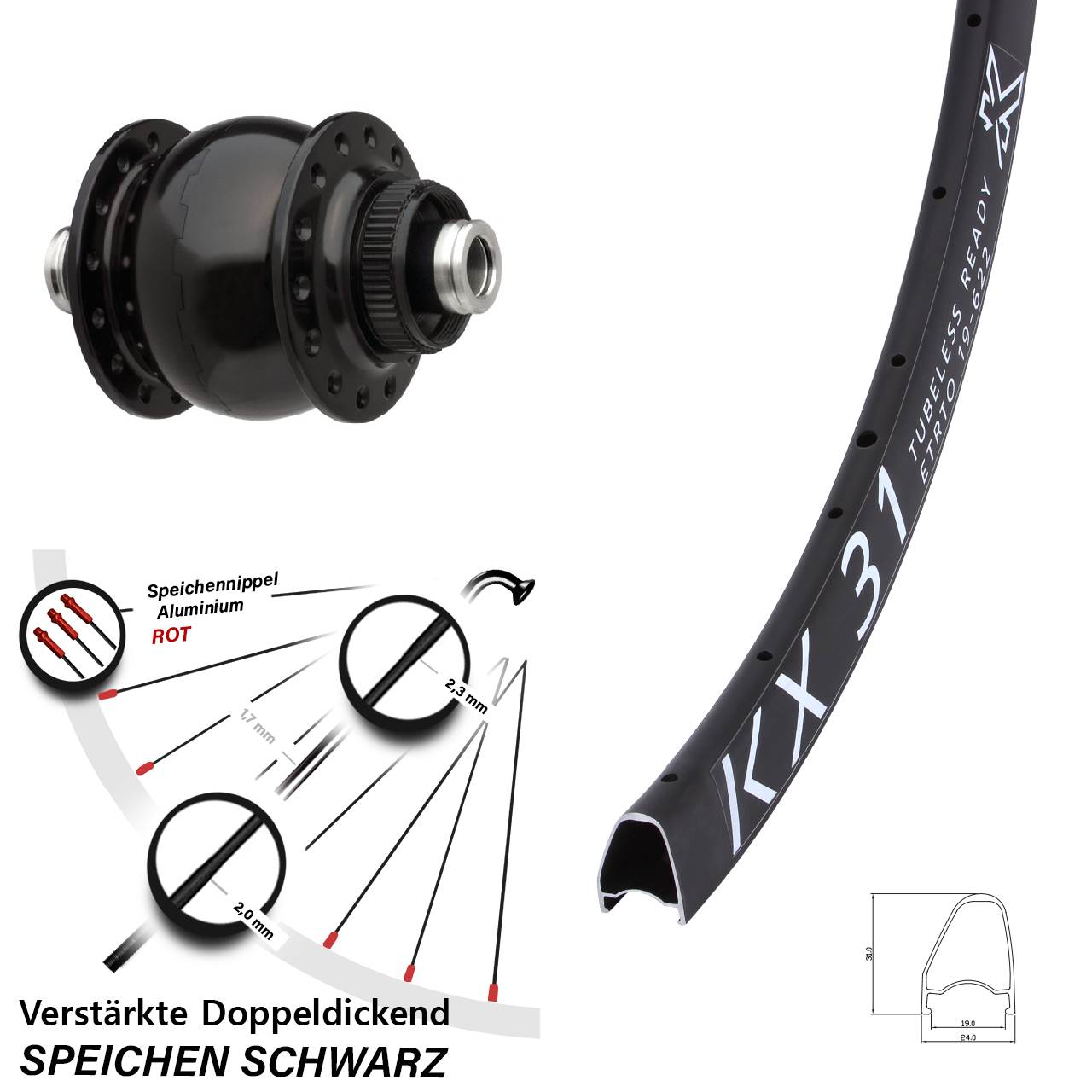 Vorderrad 28 Zoll KX 31 SON delux 12x100 Centerlock schwarz eloxiert