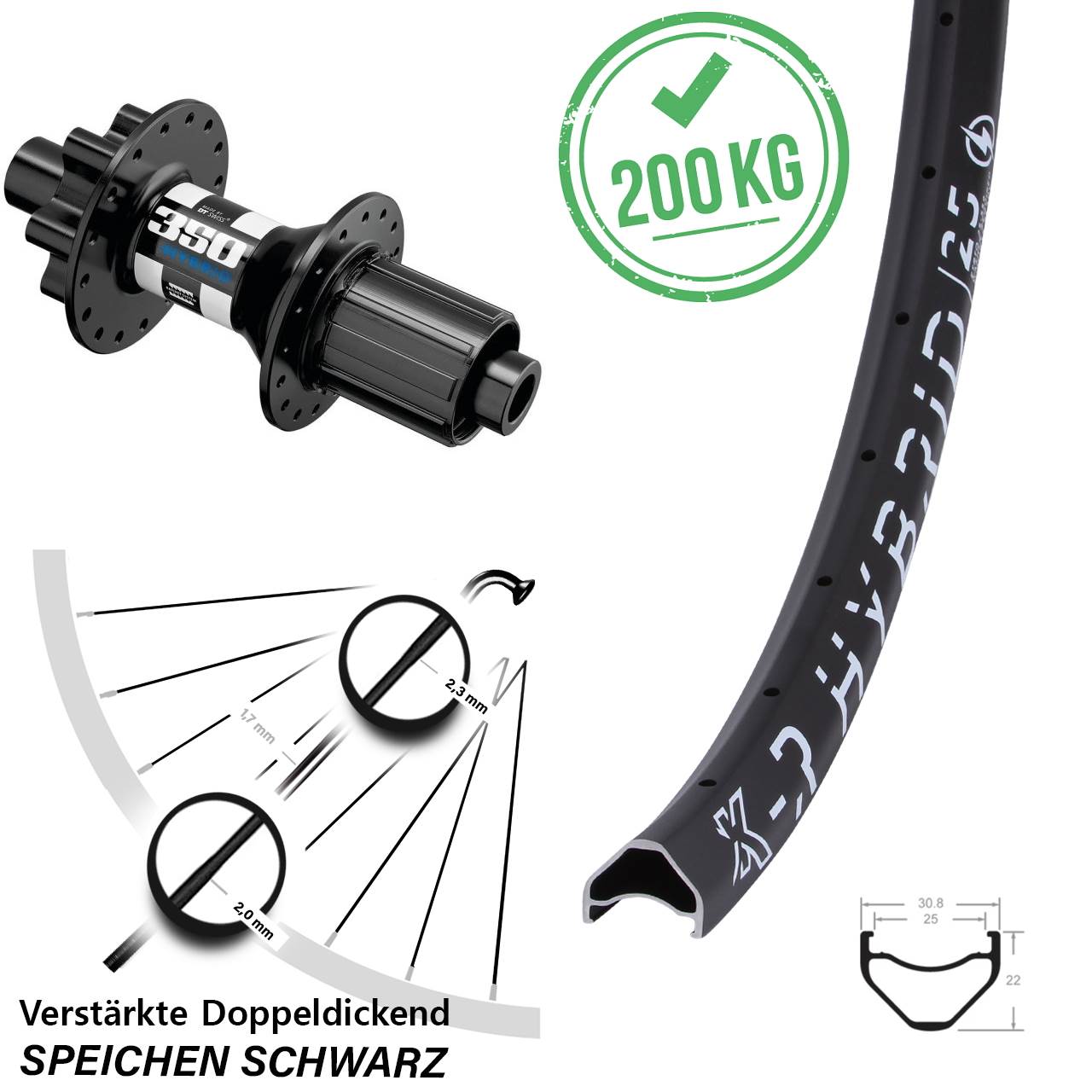 KX-R Hybrid 25 DT Swiss 350 26 Zoll Hinterrad 6-Loch 12x148 Boost 8-11 fach HG