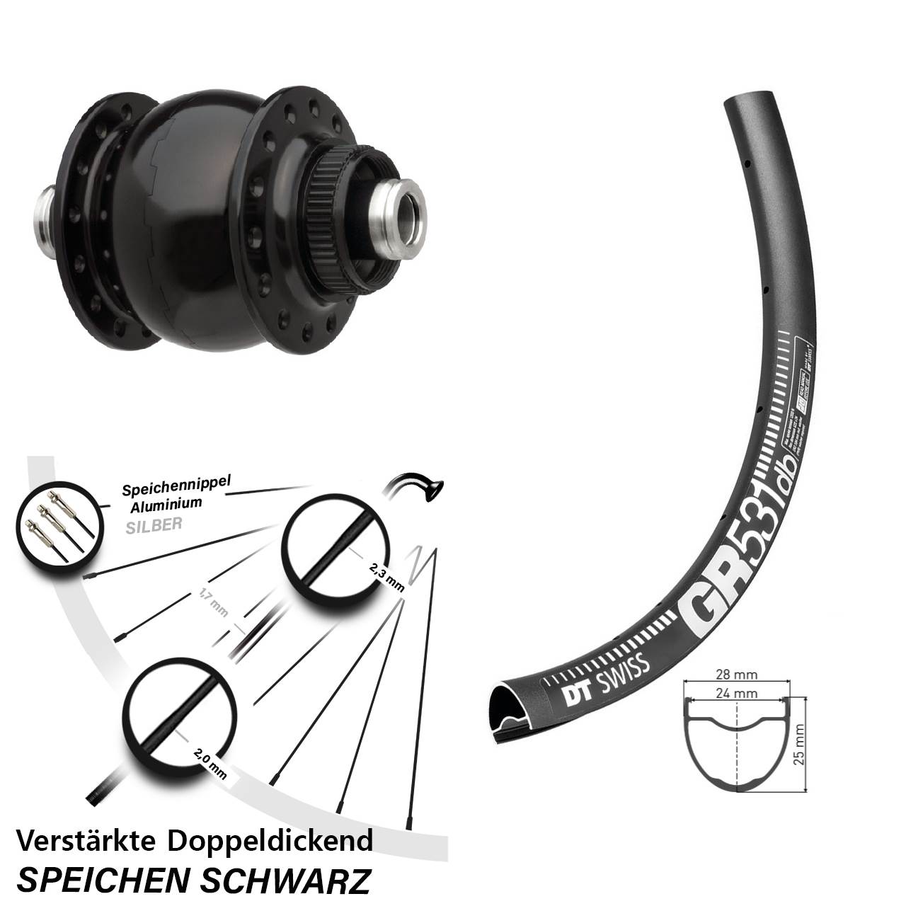 27,5 Zoll Vorderrad Gravel verstärkt Steckachse DT Swiss GR 531 DB SON 28 Dynamo
