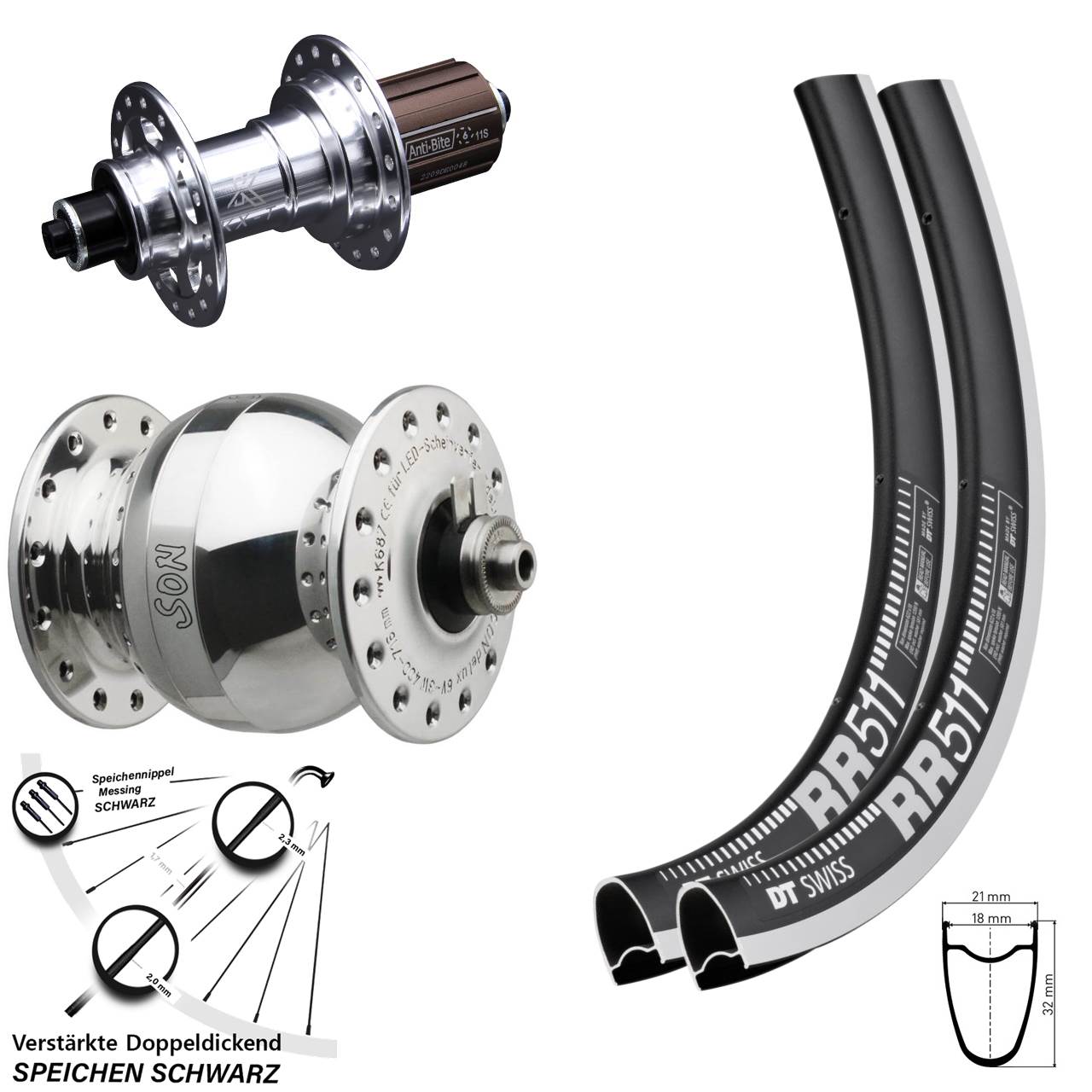 DT Swiss RR511 KX-T SON delux wide body 28 Zoll Laufradsatz für Schnellspanner 8-12 fach