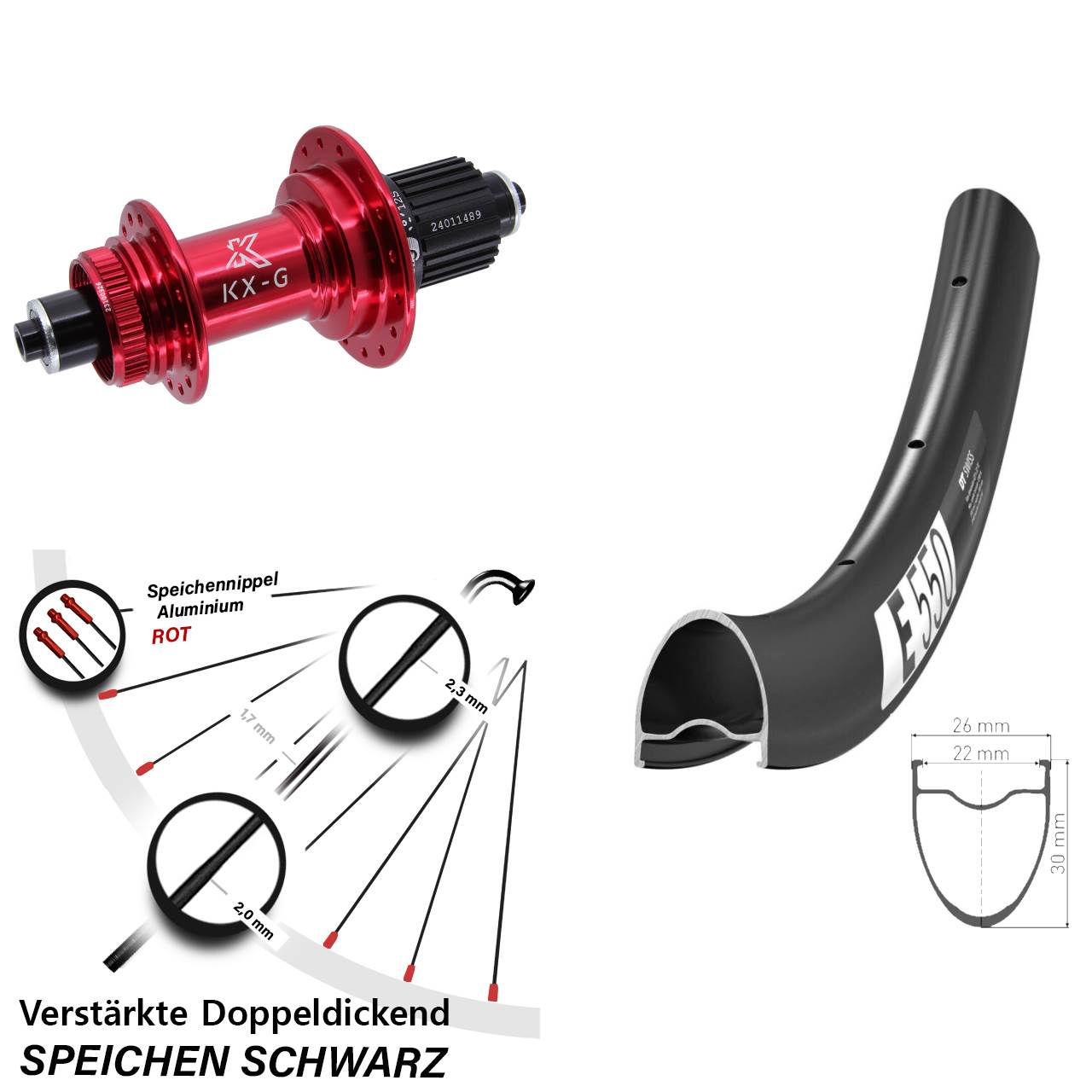 Disc Laufrad 28 Zoll DT Swiss E 550 KX-G rot Shimano Micro Spline für Schnellspanner