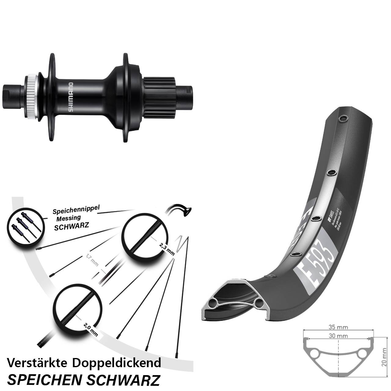 Disc Laufrad 12x148 29 Zoll DT Swiss E593 Shimano FH-MT510-B Micro Spline