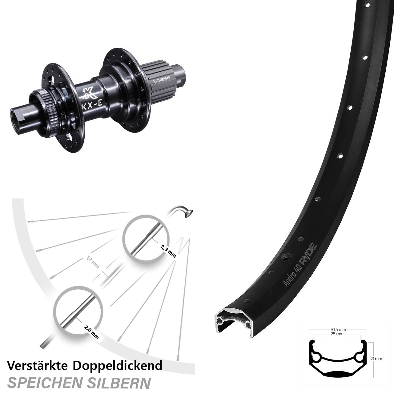 Ryde Andra 40 KX-E Heavy Duty 20 Zoll Hinterrad Centerlock 12x142 Micro Spline