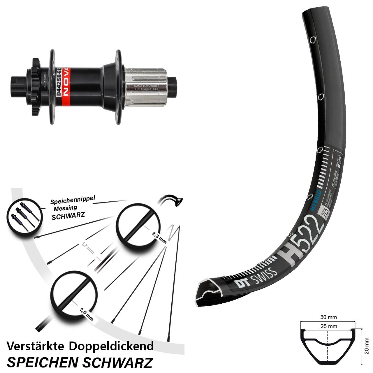 28 Zoll DT Swiss H 522 Novatec D442 Boost Disc Laufrad 12x148 Boost 8-12 fach
