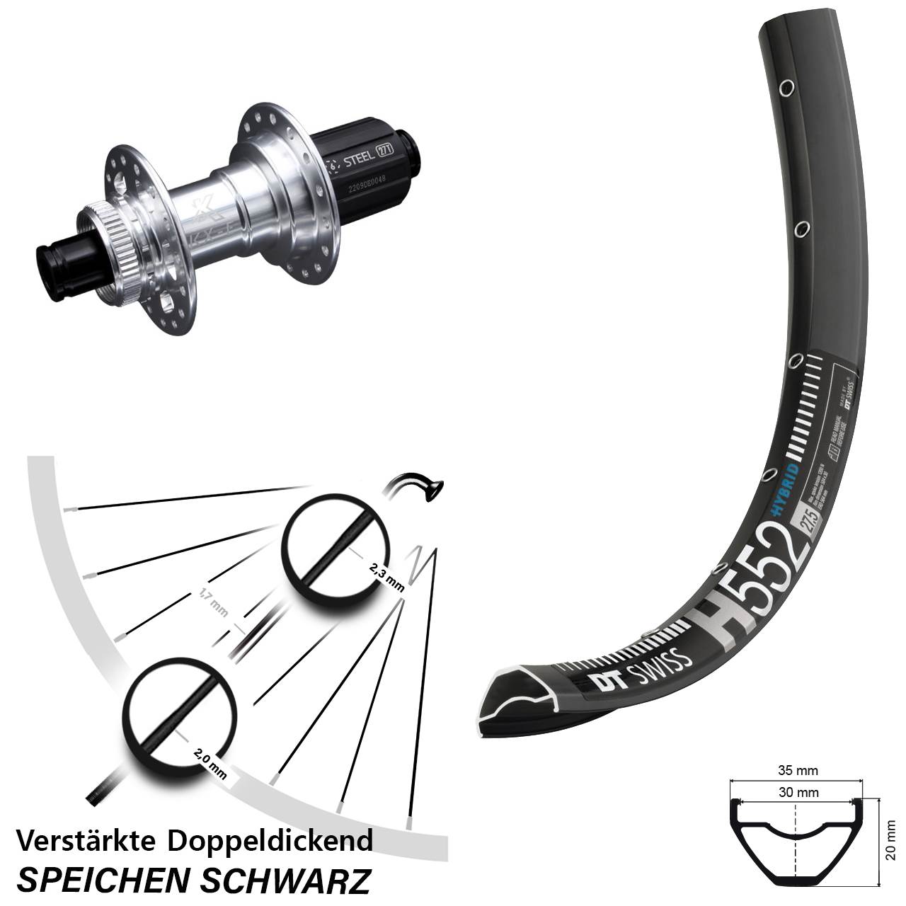 27,5 Zoll DT Swiss H552 KX-E 6 Kugellager Centerlock Hinterrad 12x142 8-12 fach