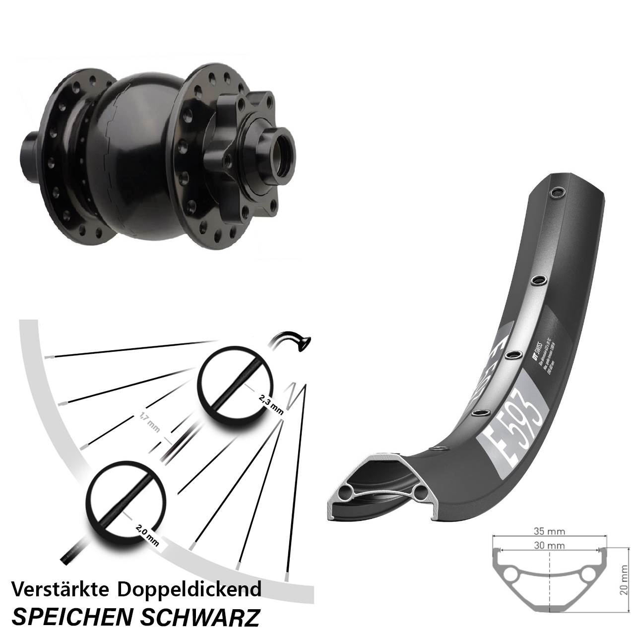 Boost Nabendynamovorderrad 6-Loch 15x110 29 Zoll DT Swiss E 593 SON 28 schwarz