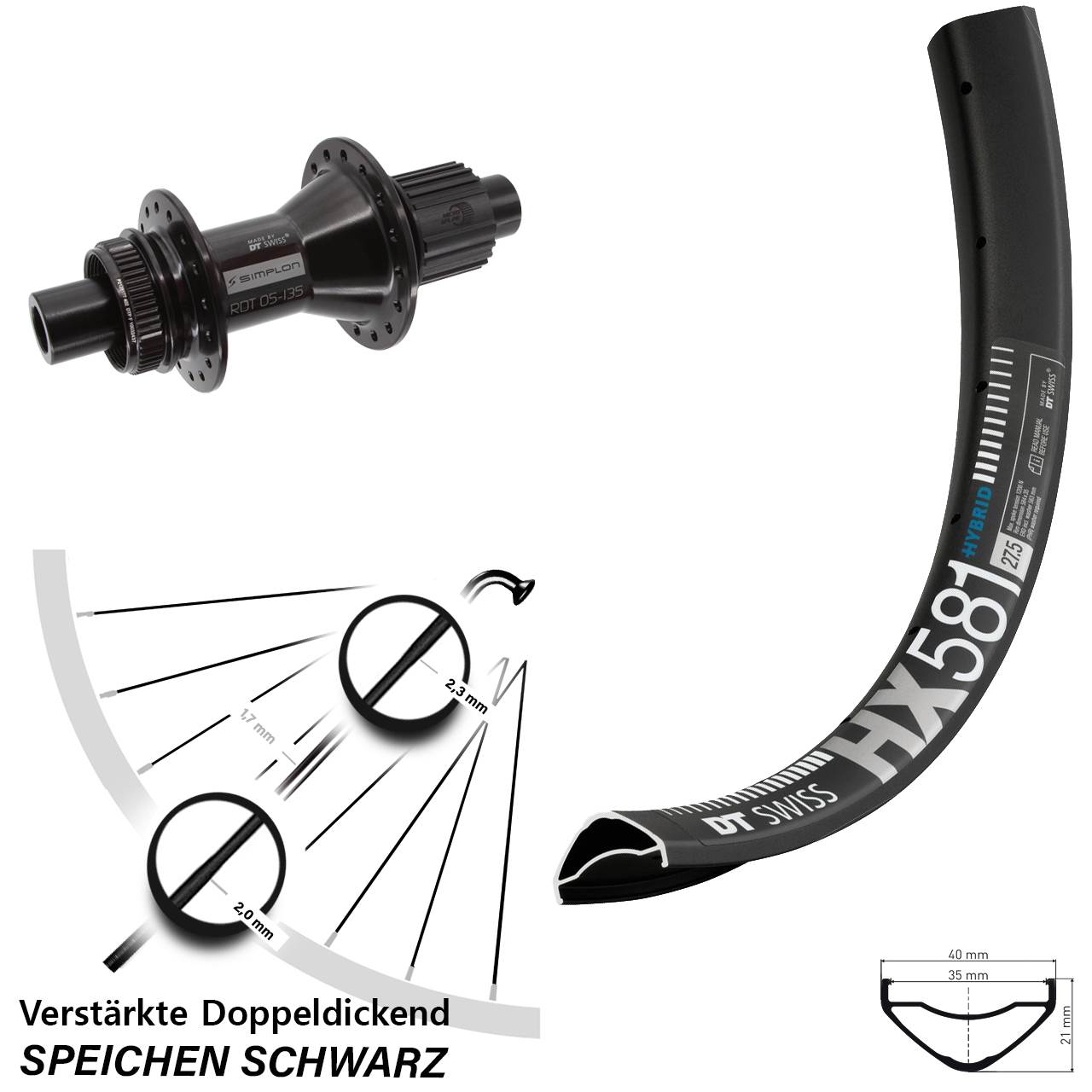 Hinterrad Centerlock 27,5 Zoll DT Swiss HX581 DT Swiss 370 Hybrid Micro Spline 12x142