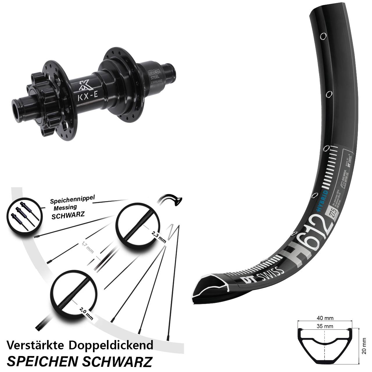 Hinterrad 6-Loch 27,5 Zoll DT Swiss H 612 KX-E Heavy Duty XD 11-12 fach 12x148 Boost