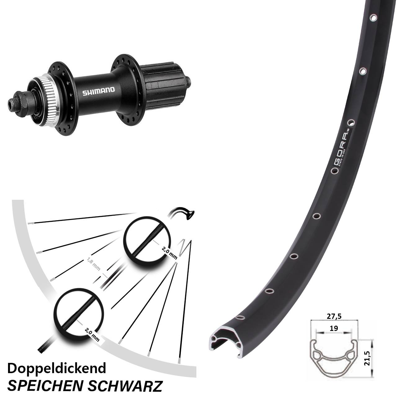 Hinterrad Centerlock 27,5 Zoll Gora 19 Shimano FH-M4050 8-11 fach HG für Schnellspanner