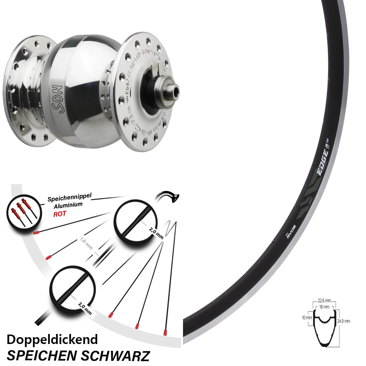 Vorderrad 28 Zoll Ryde Edge R25 Felgenbremse Dynamo SON delux Wide Body silbern poliert