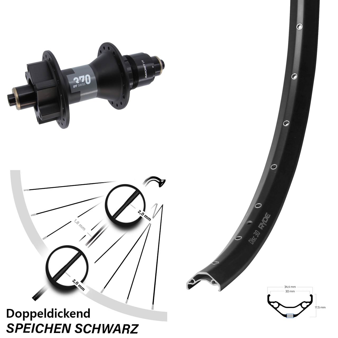 27,5 Zoll Ryde Disc 30 DT Swiss 370 Boost Disc Laufrad QR Boost XD 11-12 fach