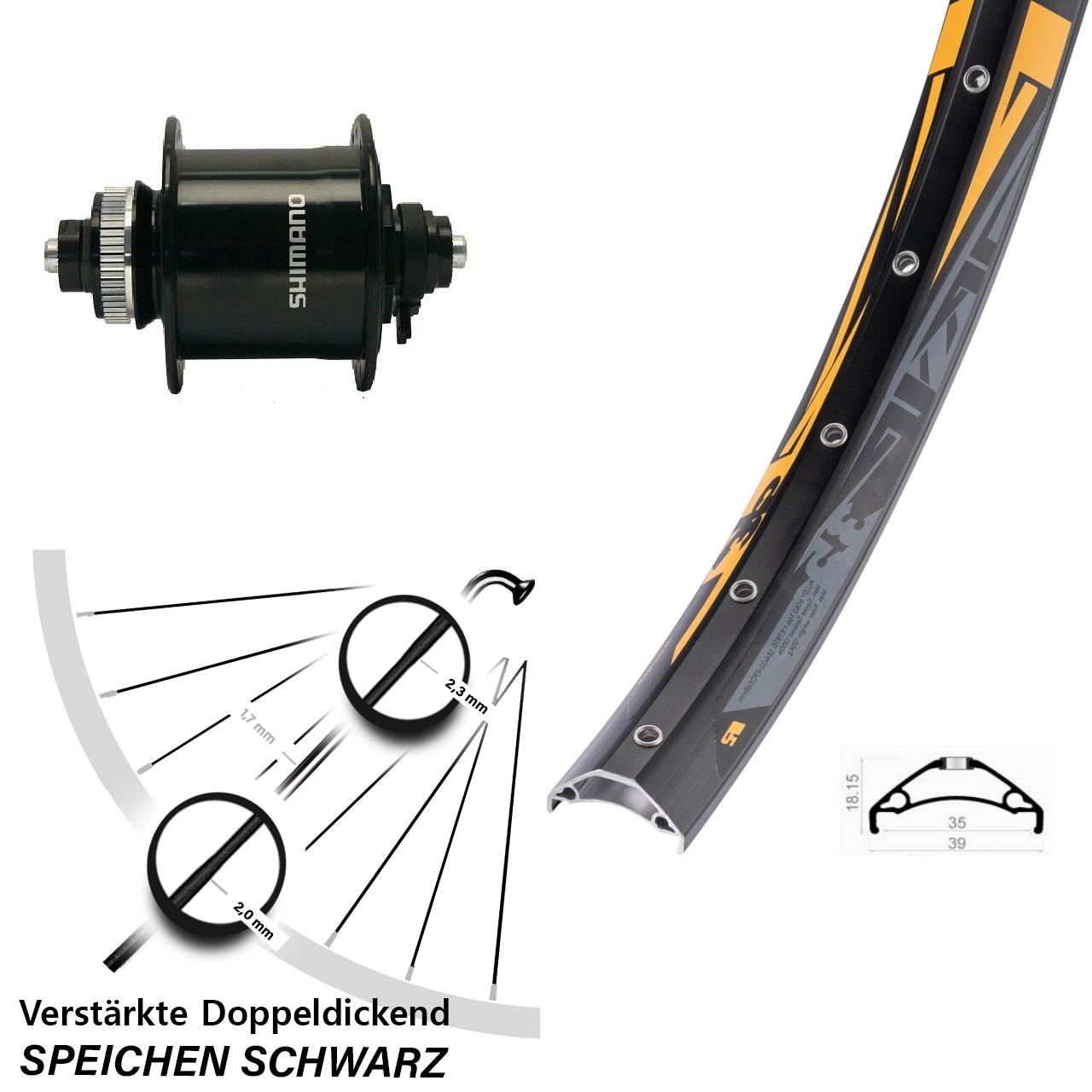 Centerlock Dynamo-Vorderrad QR 27,5 Zoll Rodi TRYP 35 Shimano DH-UR700