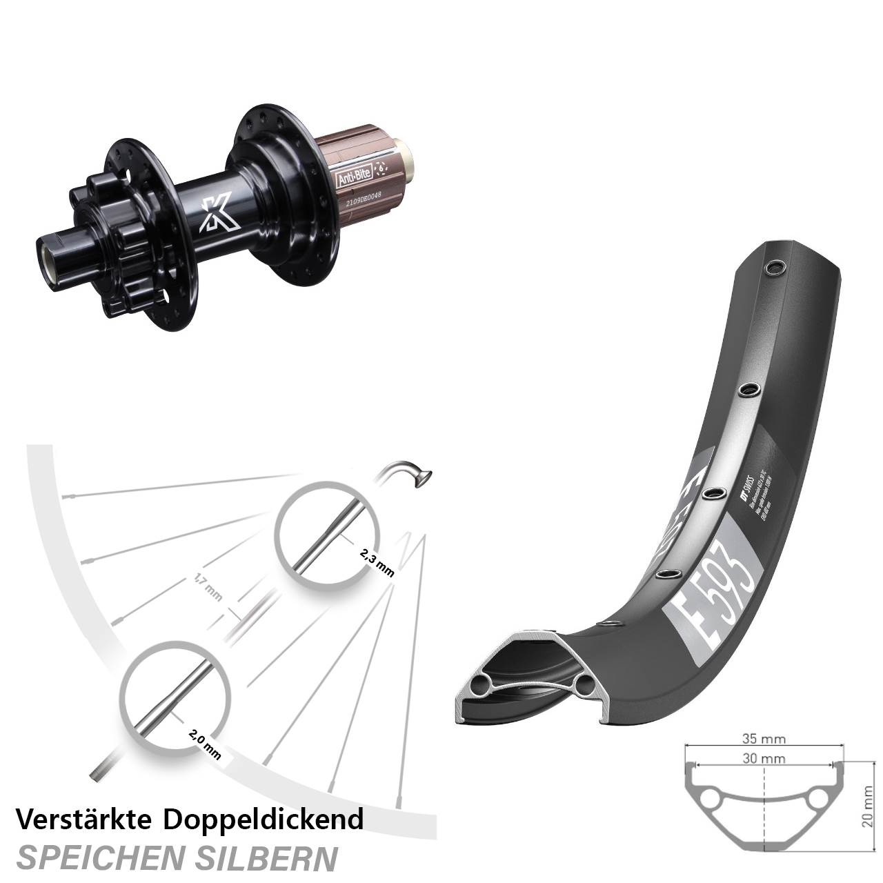 29 Zoll DT Swiss E 593 KX-M Shimano Anti-Bite Disc Hinterrad 12x142 8-12 fach
