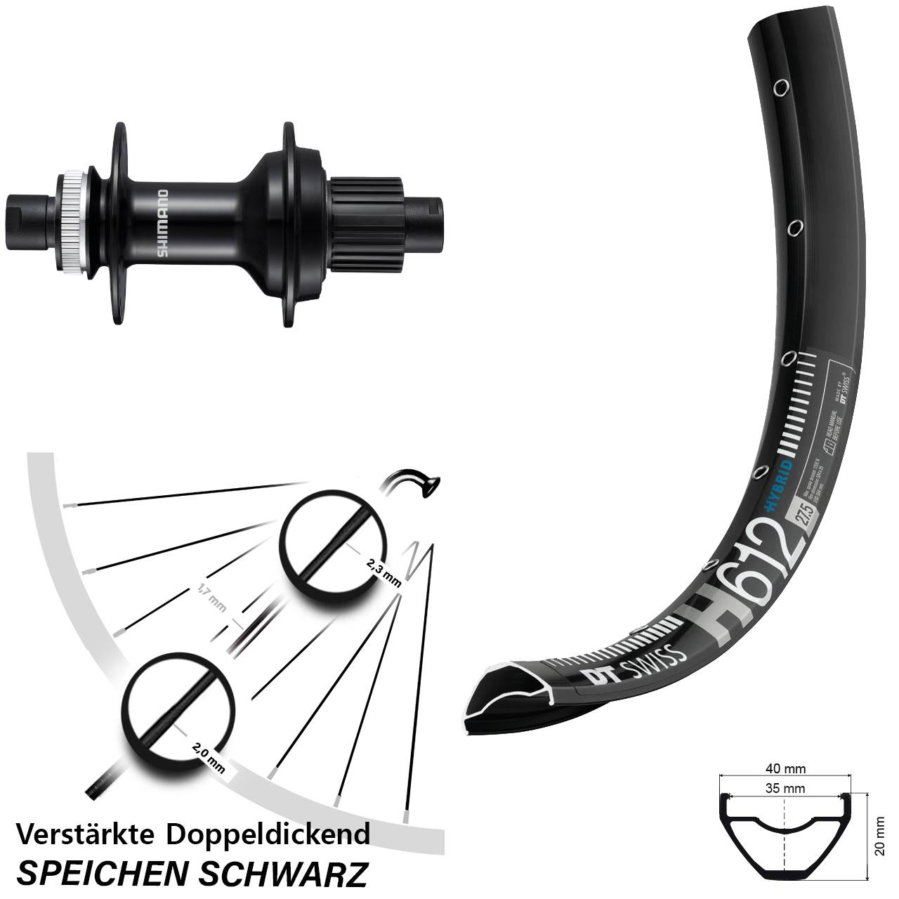 27,5 Zoll DT Swiss H 612 Shimano FH-MT510B Hinterrad 12x148 Boost Micro Spline