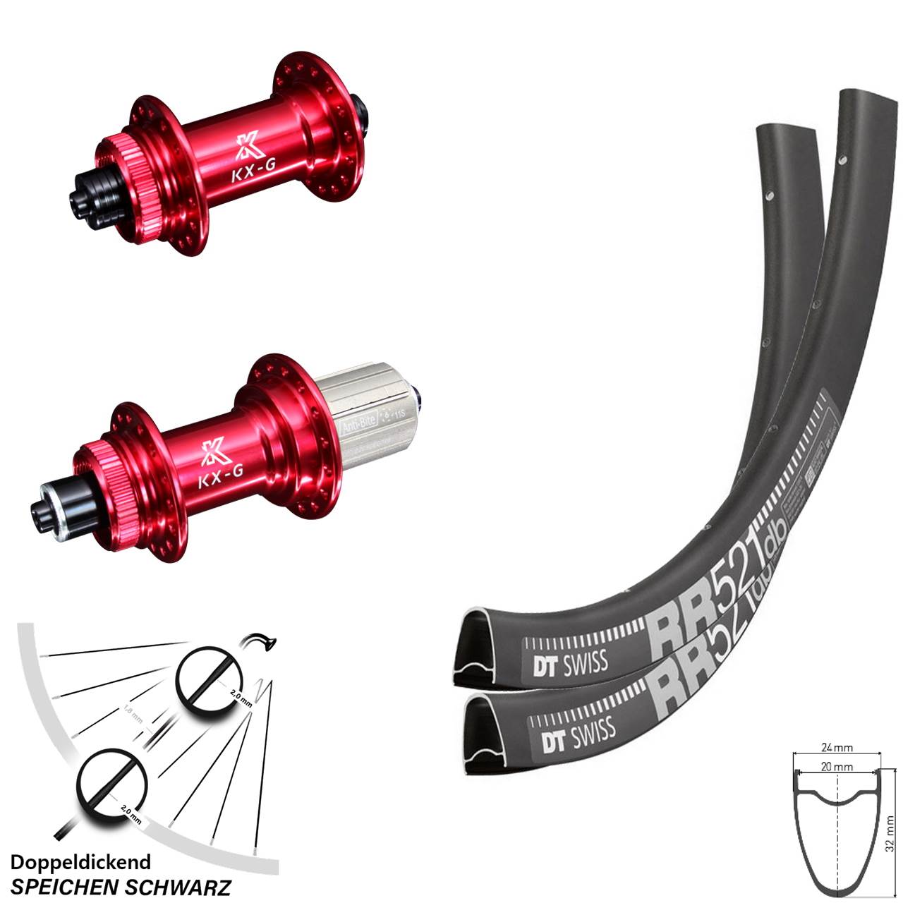 DT Swiss RR521 KX-G rot 28 Zoll Laufradsatz Centerlock für Schnellspanner 8-12 fach HG