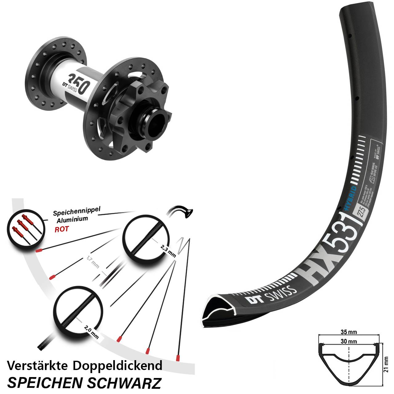 DT Swiss HX 531-350 29 Zoll 6-Loch Vorderrad 15x110 Boost