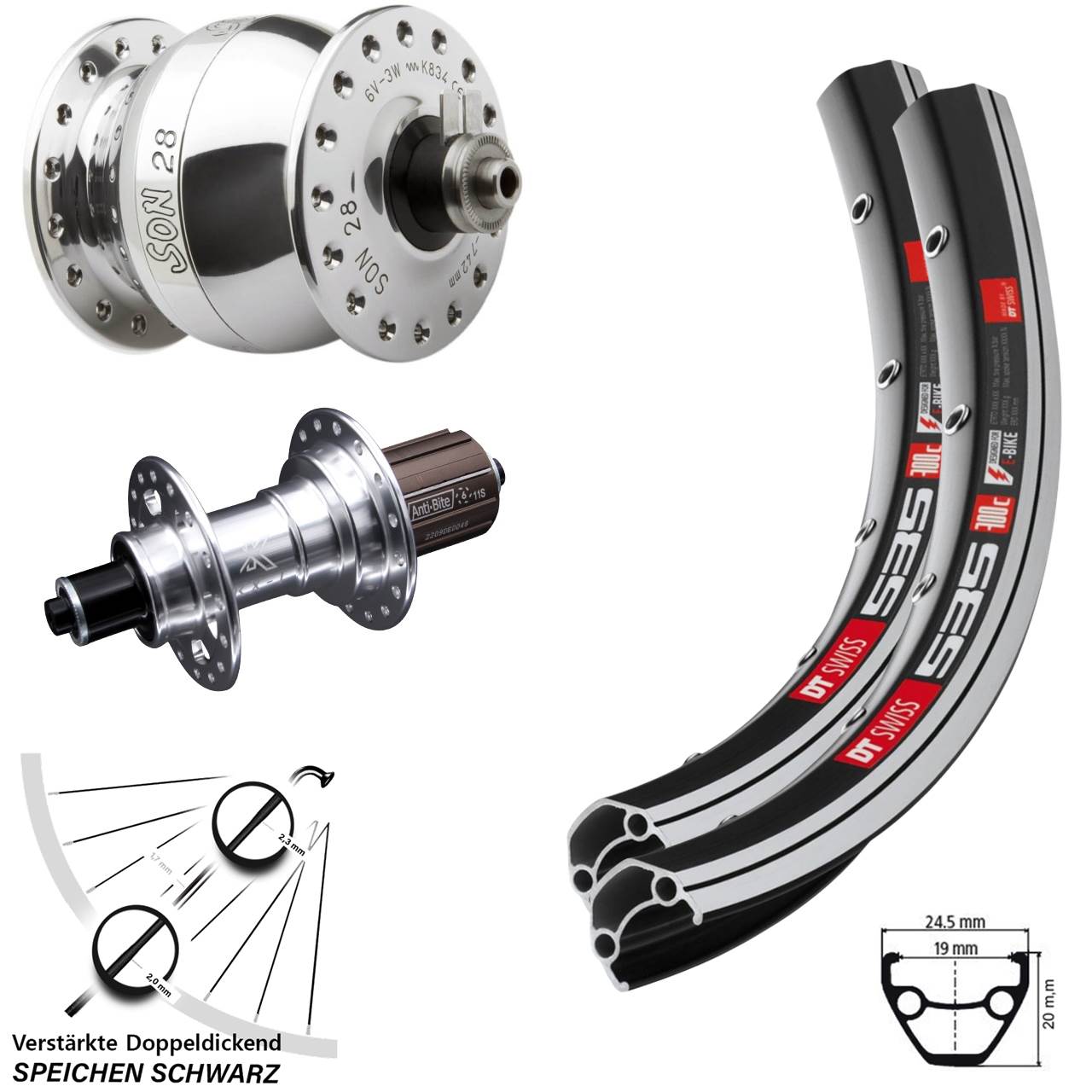 Laufradsatz für Schnellspanner 26 Zoll DT Swiss 535 KX-T SON 28 8-12 fach HG