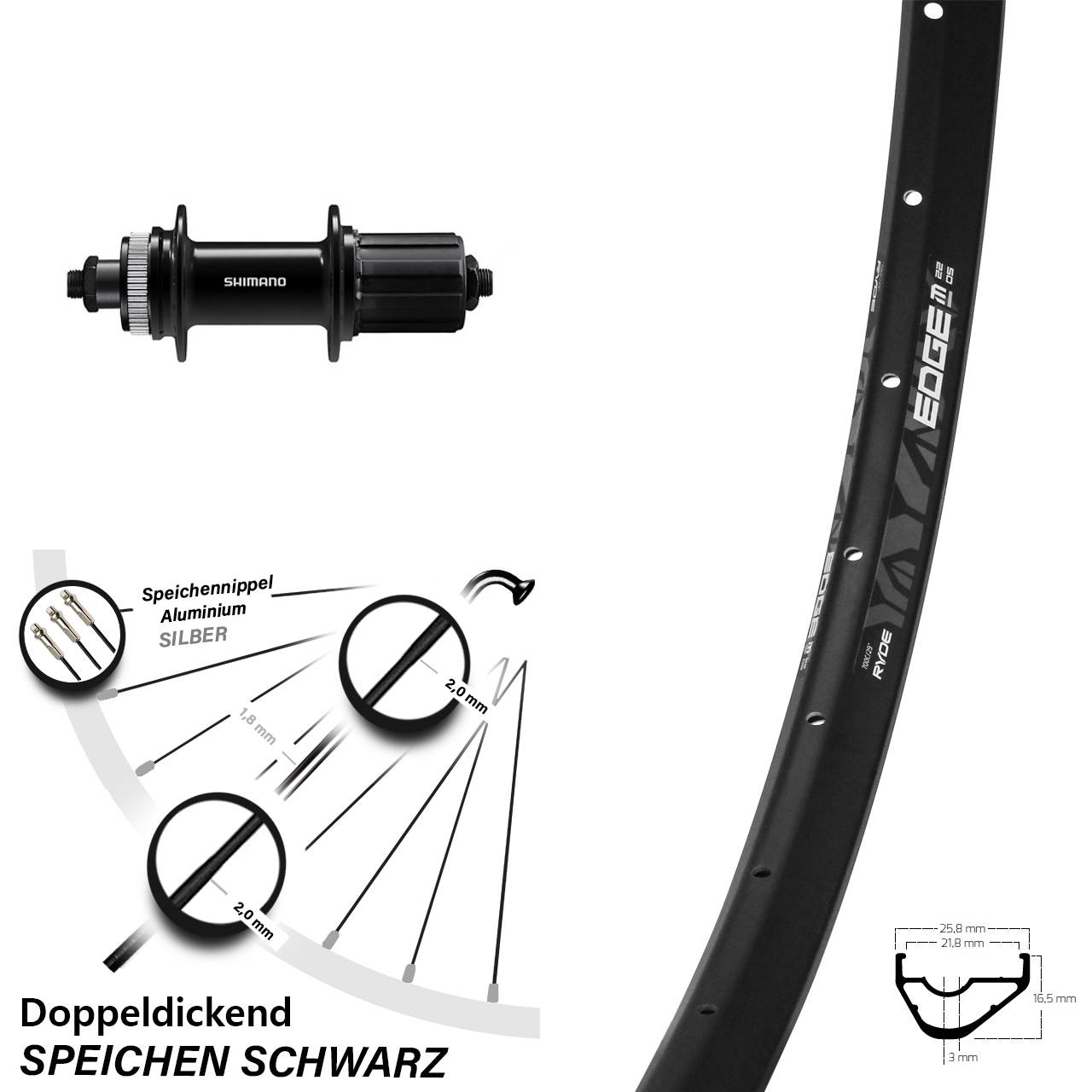 Disc Laufrad 28 Zoll Ryde Edge M22 OS Shimano FH-QC400 8-11 fach HG für Schnellspanner