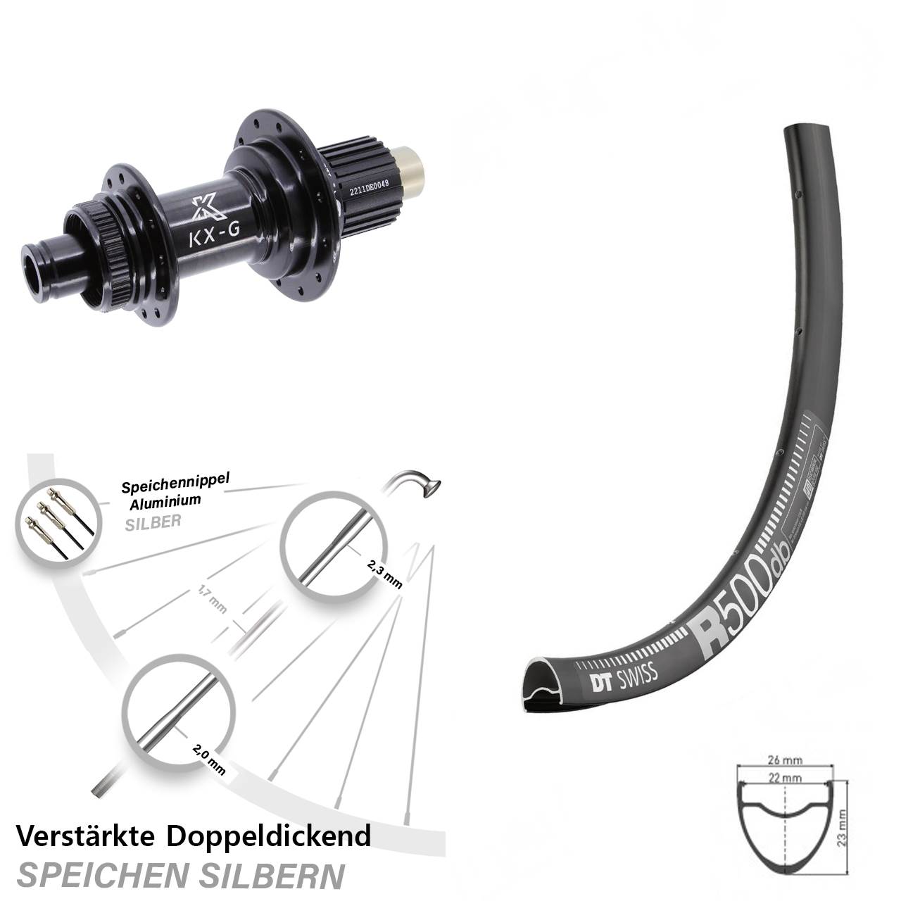29 Zoll DT Swiss R500 KX-G Steckachse Centerlock Hinterrad 12x142 Shimano Micro Spline