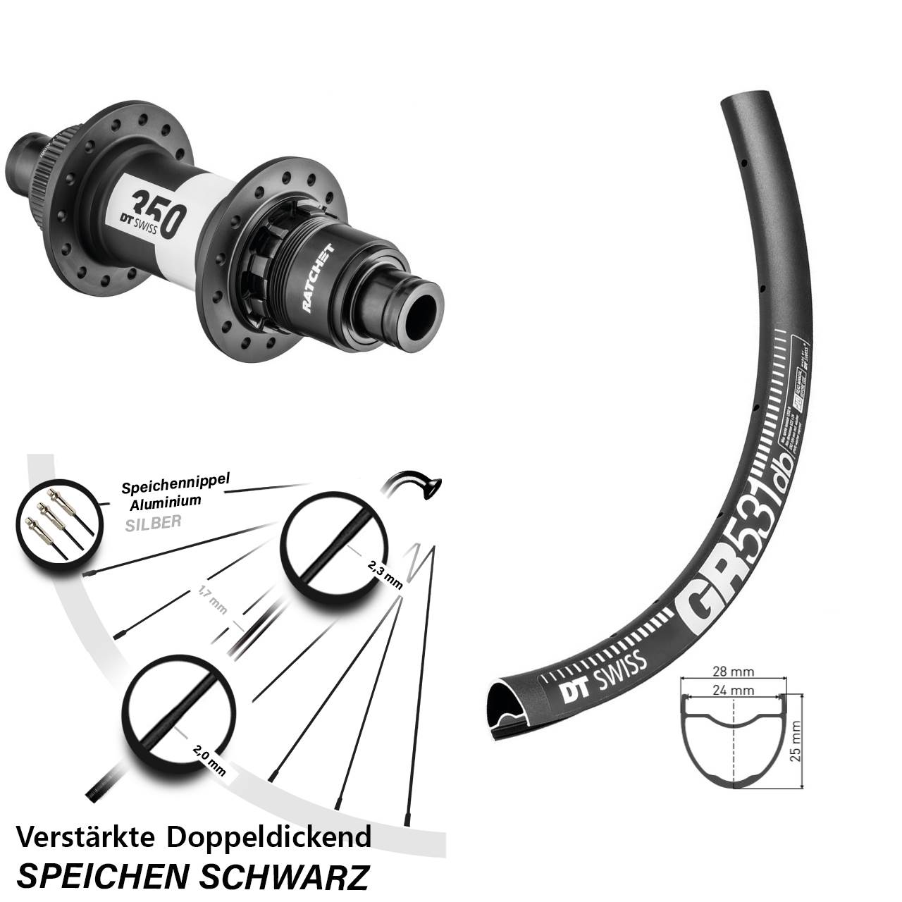 28 Zoll DT Swiss GR531-350 Hinterrad Centerlock 12x148 XD 11-12 fach