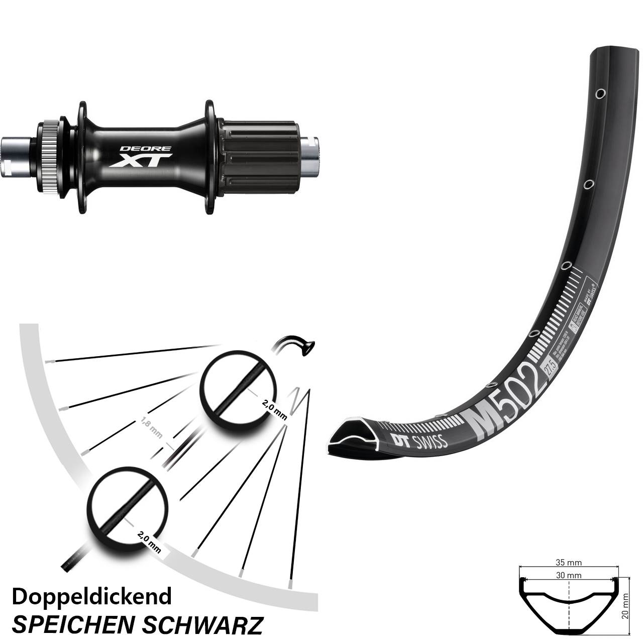 DT Swiss M 502 Shimano XT 27,5 Zoll Hinterrad Centerlock 12x148 8-11 fach HG