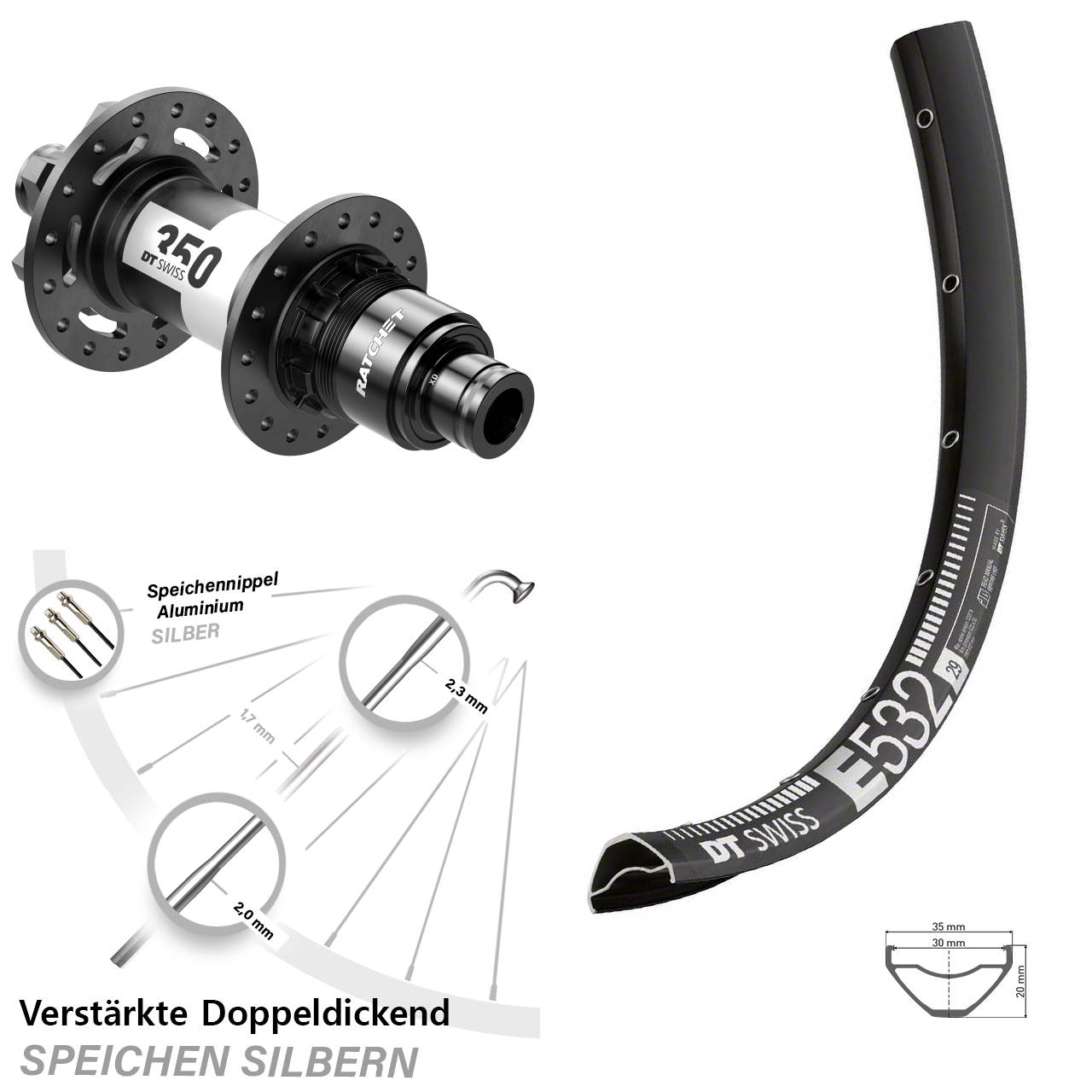 29 Zoll DT Swiss E 532-350 Ratchet 36 Disc Hinterrad 12x142 SRAM XD