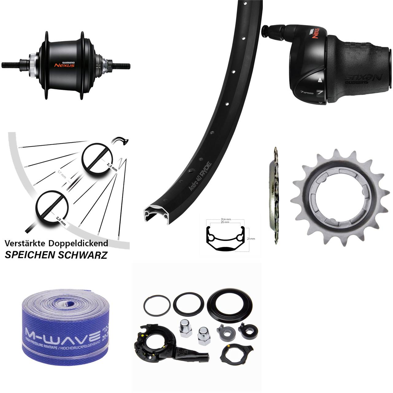 20 Zoll Hinterrad Ryde Andra 40 Shimano Nexus 7 Gang Nabenschaltung Disc schwarz
