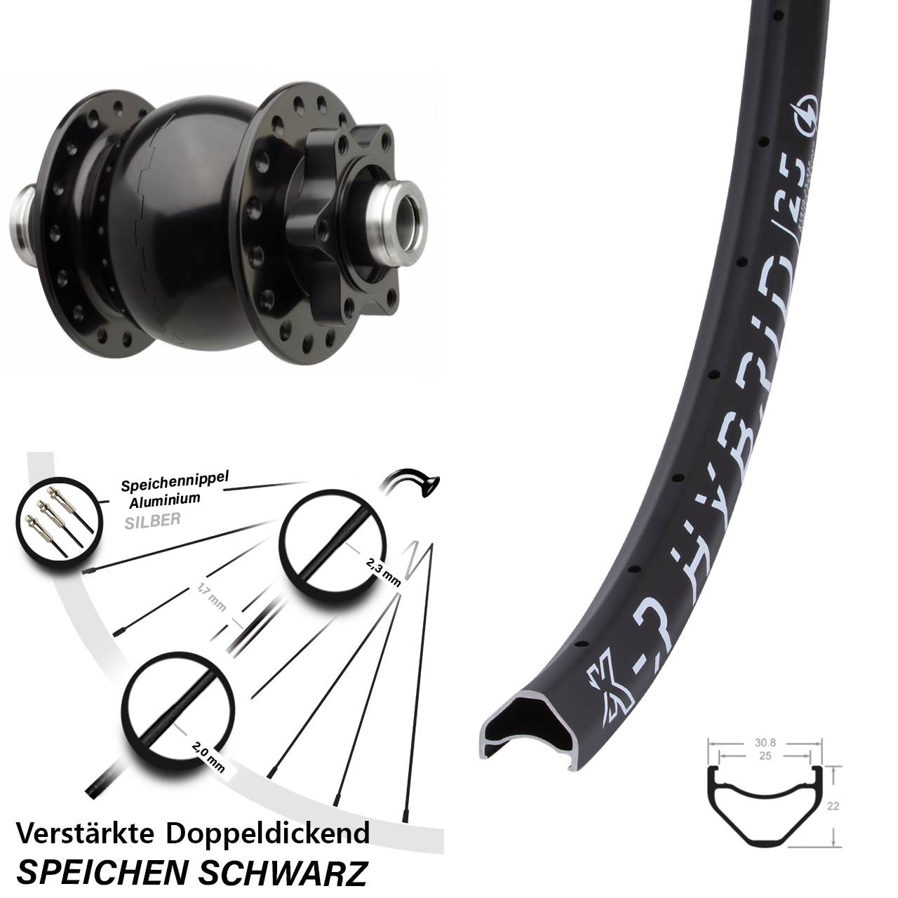 SON 28 KX-R Hybrid 25 28-29 Zoll Vorderrad mit Nabendynamo 6-Loch 12x110 Boost