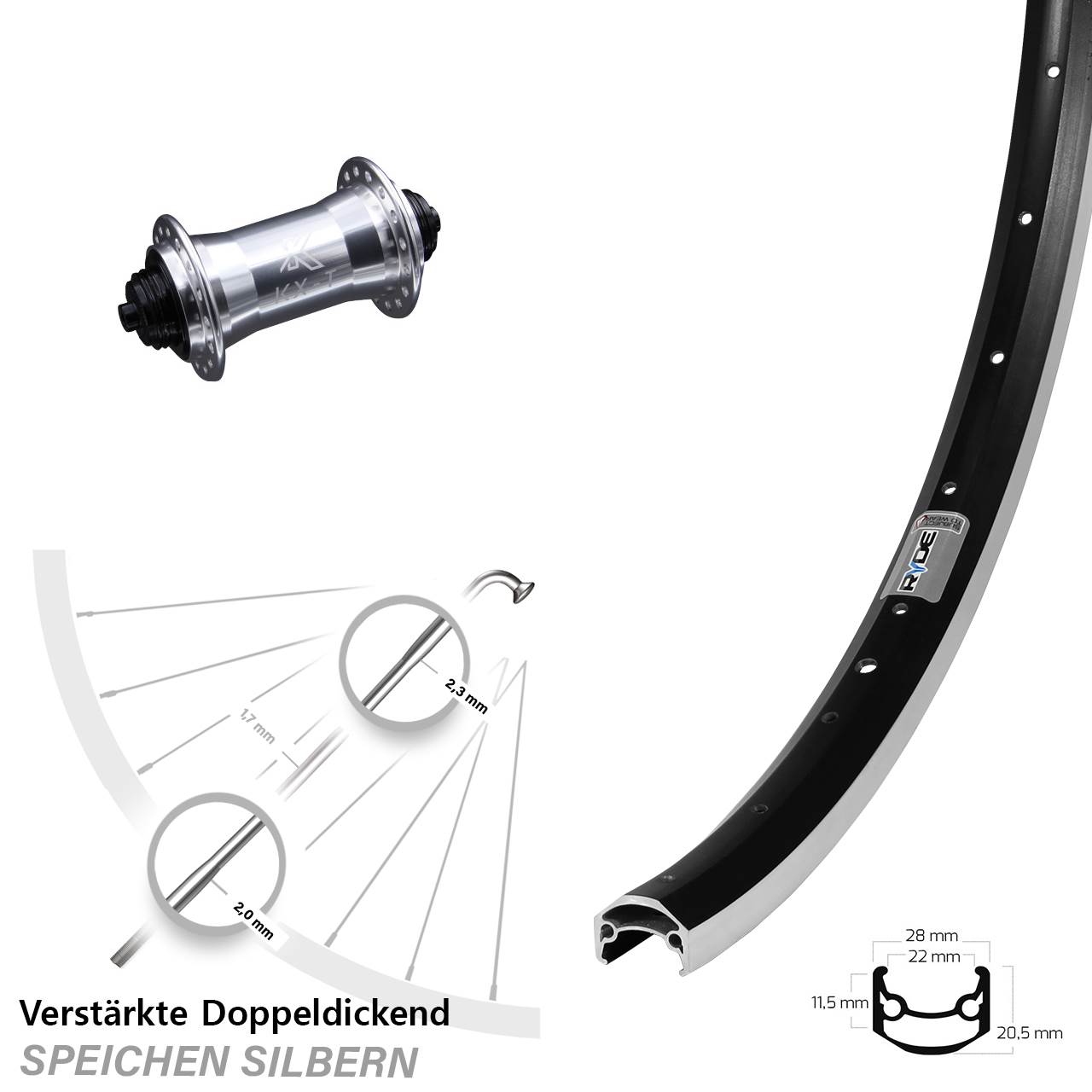 Vorderrad 650B Ryde Andra 35 KX-T für Schnellspanner