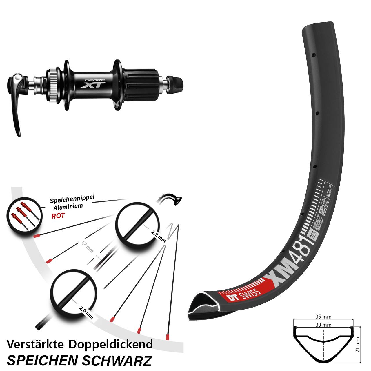 27,5 Zoll DT Swiss XM 481 Shimano XT Disc Laufrad für Schnellspanner 8-11 fach