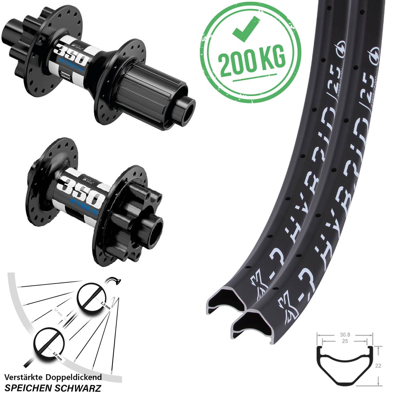 Laufrad-Satz 27,5 Zoll KX-R Hybrid 25 Disc DT Swiss 350 8-11 fach HG 15x110 12x148