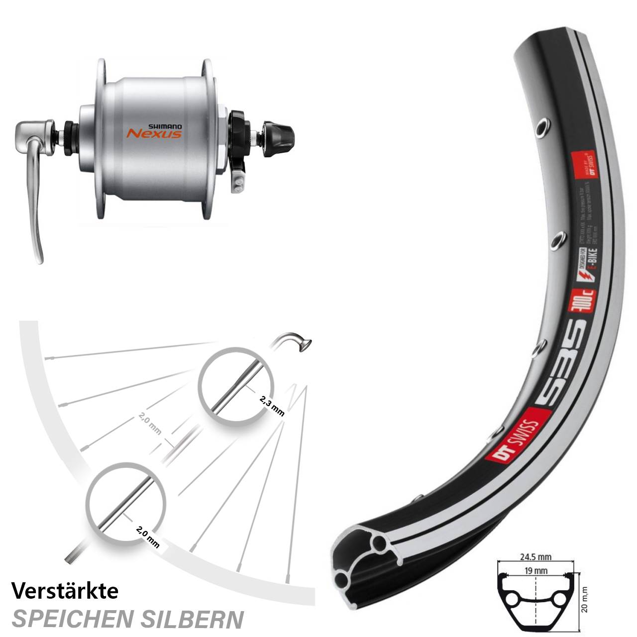 DT Swiss 535 Shimano Nexus DH-C3000 26 Zoll Laufrad mit Nabendynamo QR