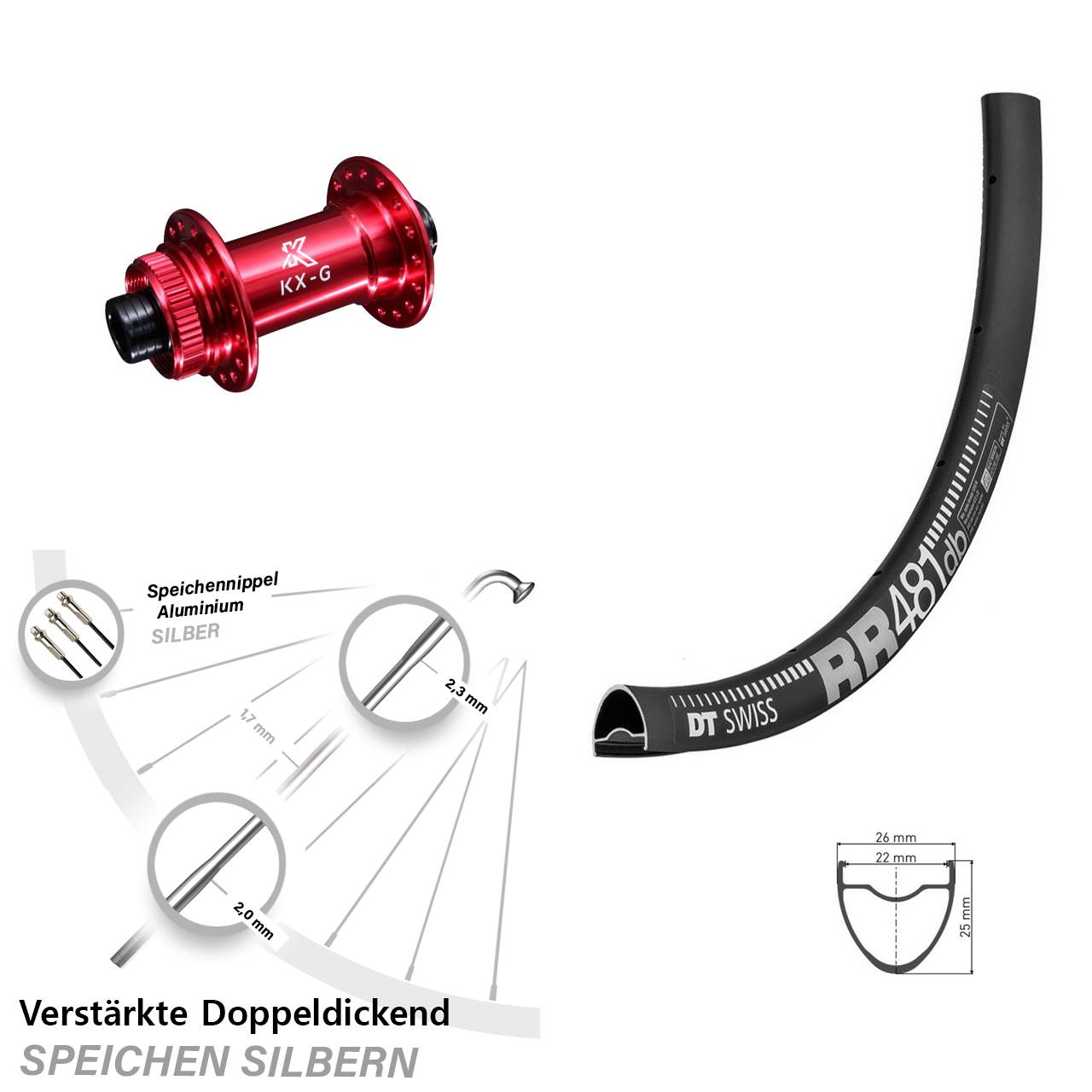 Vorderrad 28 Zoll DT Swiss RR 481 DB Disc verstärkt KX-G rot 12x100