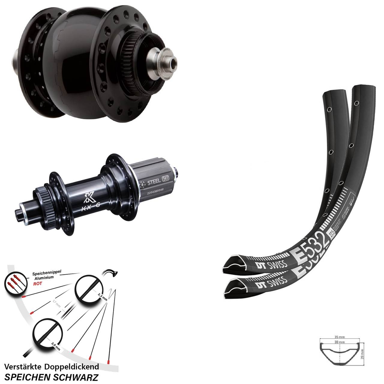 29 Zoll DT Swiss E 532 KX-GS verstärkt SON 28 Laufradsatz für Schnellspanner 8-12 fach HG