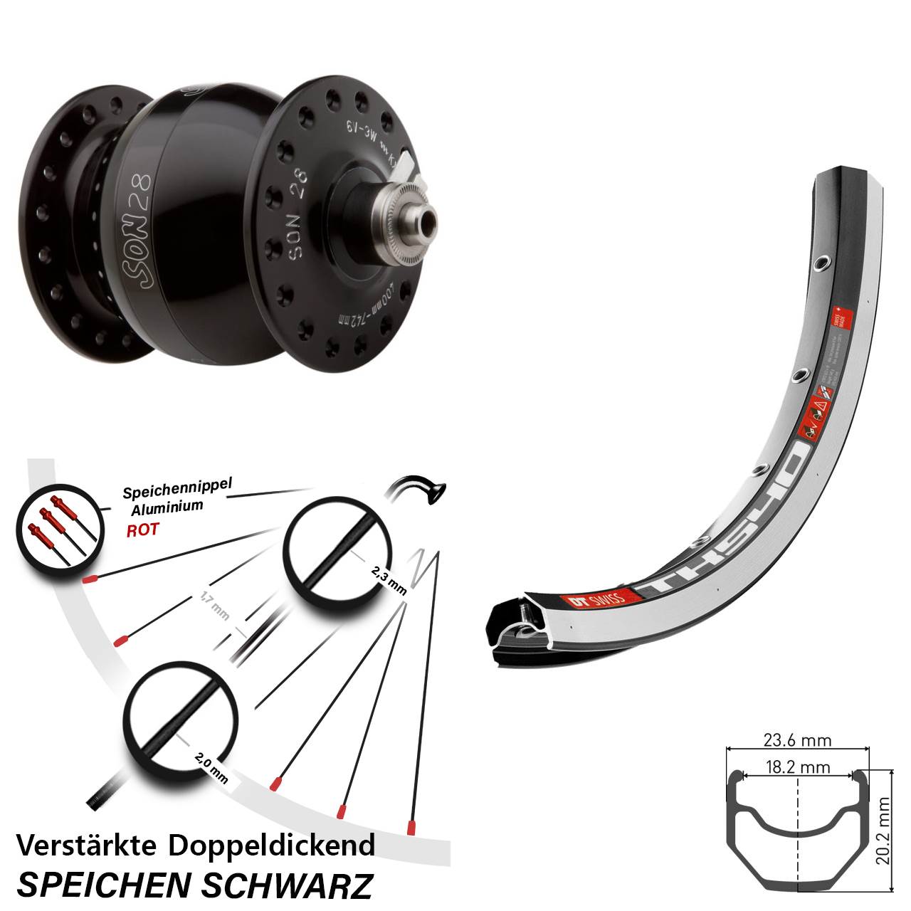 SON 28 Zoll DT Swiss TK540 Nabendynamovorderrad für Schnellspanner