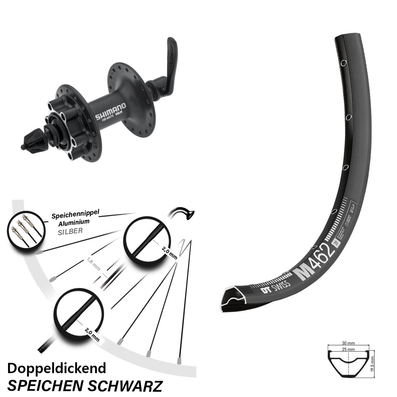Vorderrad 6-Loch 650B DT Swiss M 462 Shimano HB-M475 für Schnellspanner