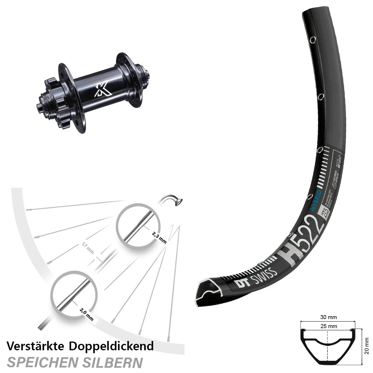 DT Swiss H 522 Disc-Vorderrad 29 Zoll mit KX-M 5x100 mm Nabe
