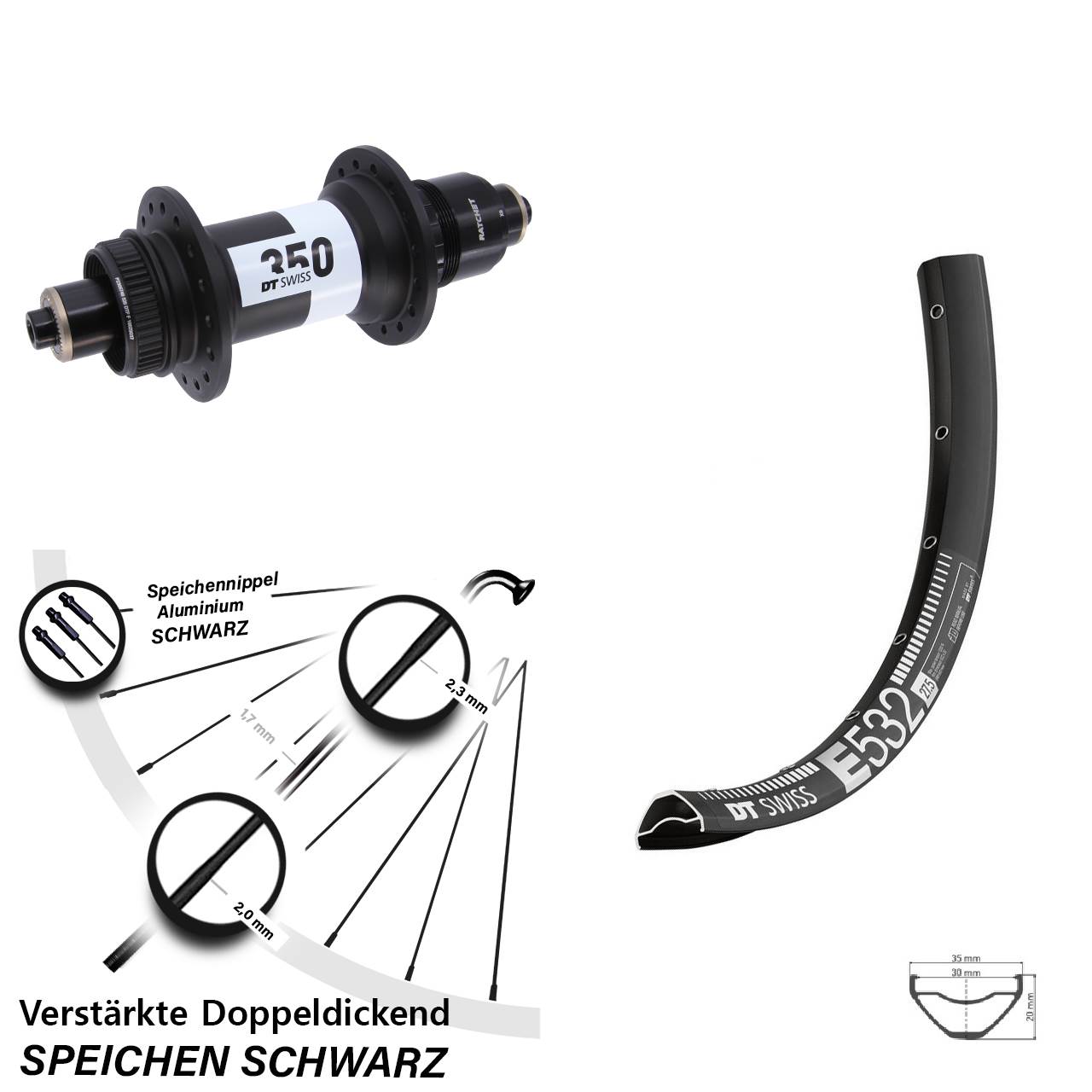 29 Zoll DT Swiss E 532-350 Hinterrad Centerlock für Schnellsp. XD