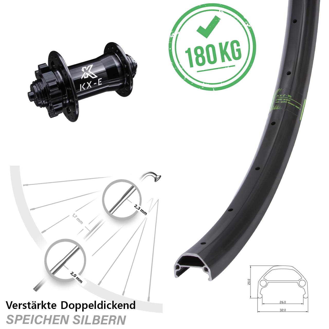 KX-Evo 20 Zoll Vorderrad verstärkt Schnellspanner 6-Loch Lastenrad