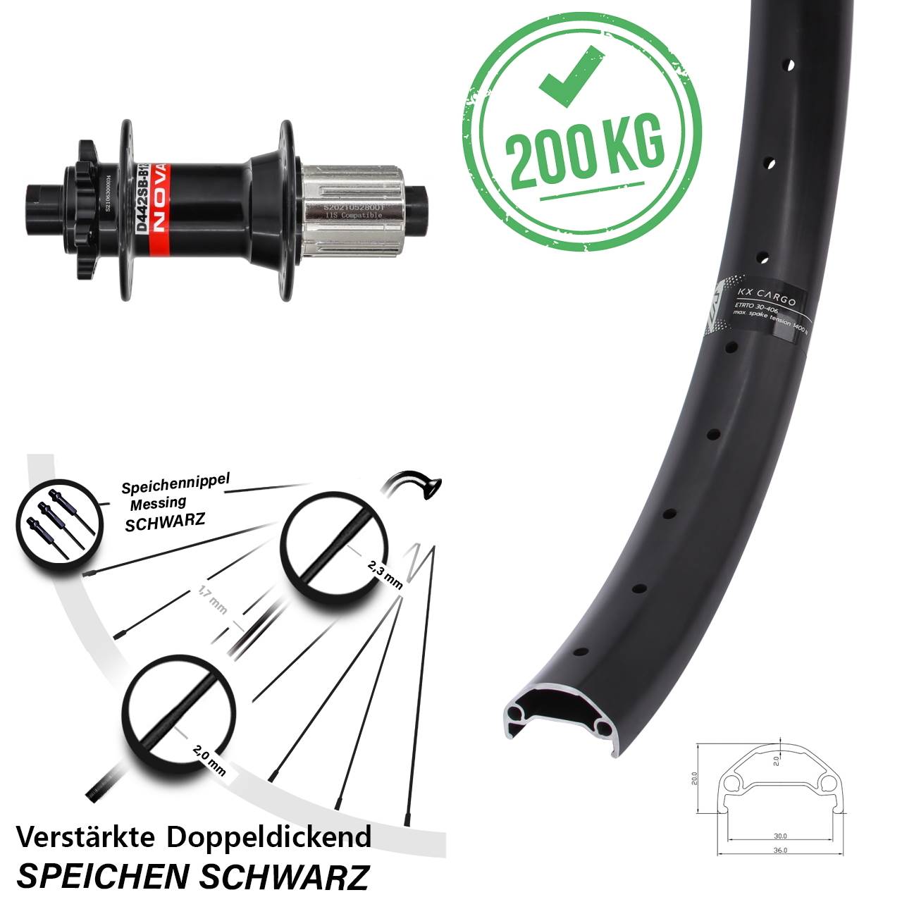 20 Zoll KX Cargo Novatec D-442 Boost 6-Loch Hinterrad 12x148 Boost 8-12 fach HG