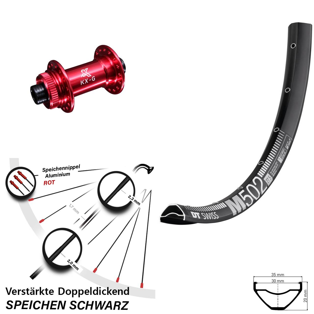 Centerlock Vorderrad 15x100 27,5 Zoll DT Swiss M 502 KX-G rot