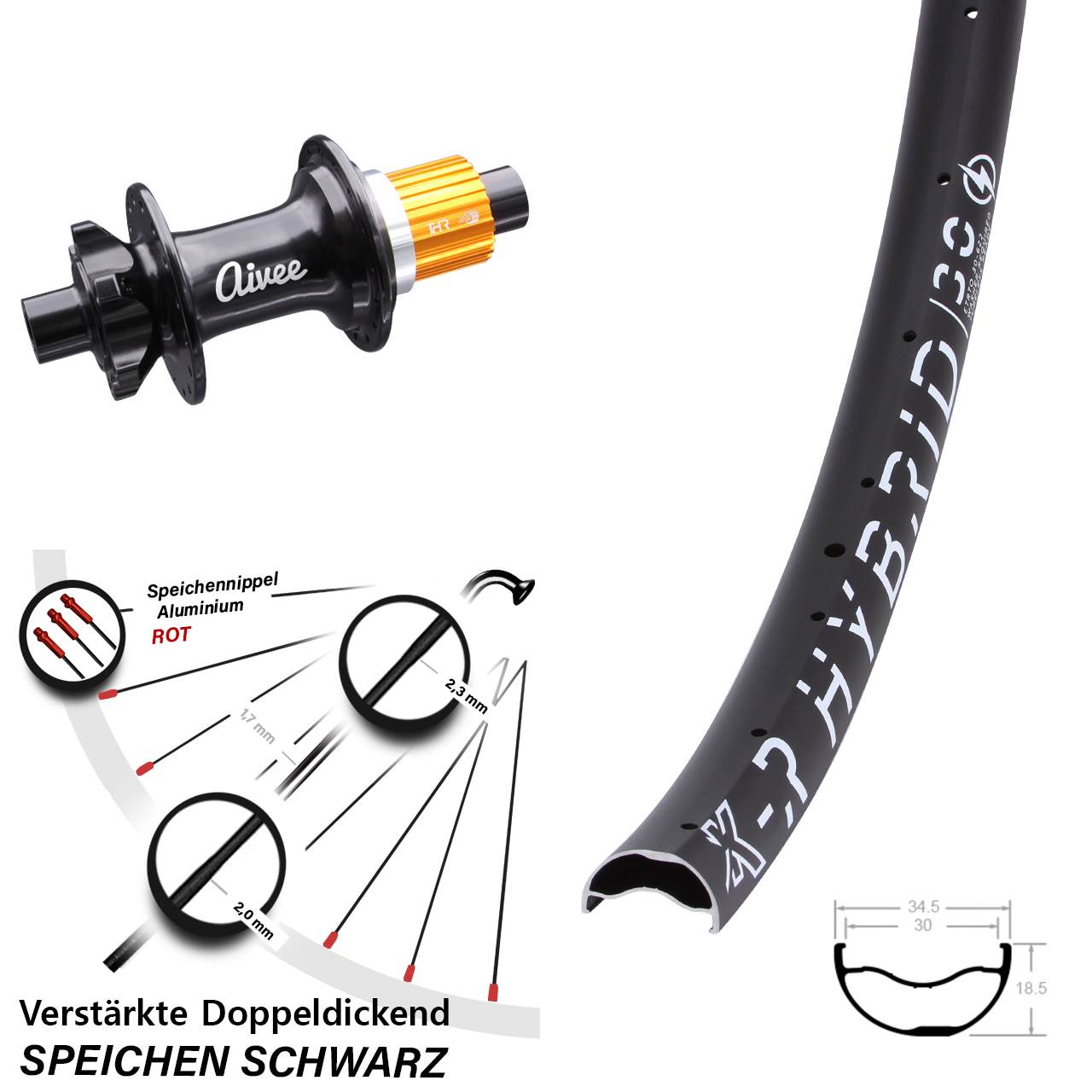 Disc Hinterrad 29 Zoll KX-R Hybrid 30 Aivee Classic Shimano Micro Spline 12x148