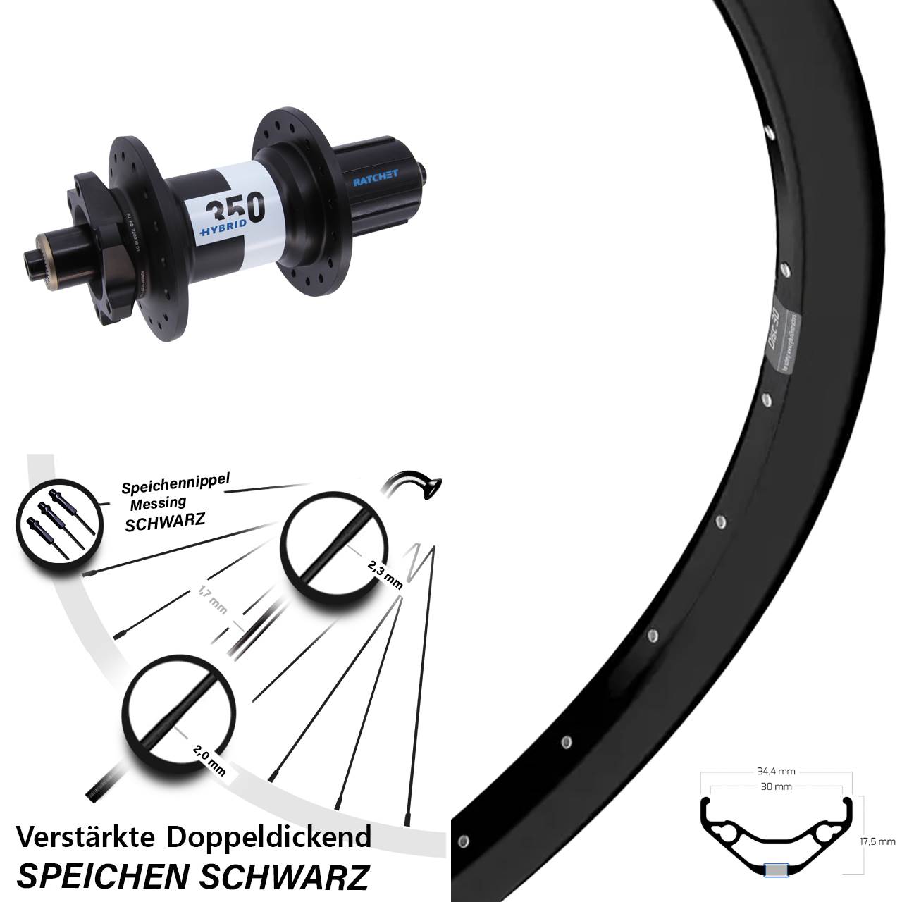Boost Hinterrad QR 27,5 Zoll Ryde Disc 30 DT Swiss 350 Hybrid 8-11 fach HG