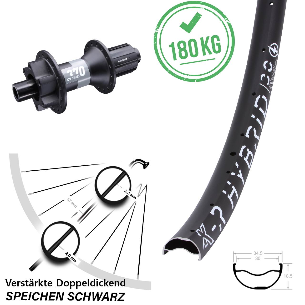 KX-R Hybrid 30 DT Swiss 370 29 Zoll Disc Laufrad 12x148 Boost 8-11 fach